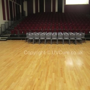 Junckers Sports Floor Luton School, laid 130mm high, new era s3 cradles, double battens and cradles under seating, all with underfloor heating on Aluminium hangers