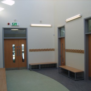 Curve work in lino in St Constantines Primary School, Glasgow.