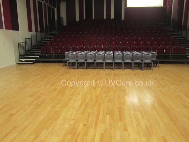 Junckers Sports Floor Luton School, laid 130mm high, new era s3 cradles, double battens and cradles under seating, all with underfloor heating on Aluminium hangers