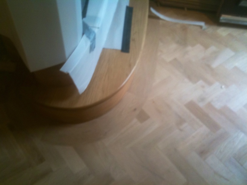 Large solid plank 20mm thick cut to make curve border around step